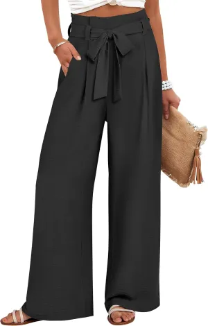 ANRABESS Womens Wide Leg Palazzo Pants Belted High Waisted Business Casual Flowy Long Trousers with Pockets