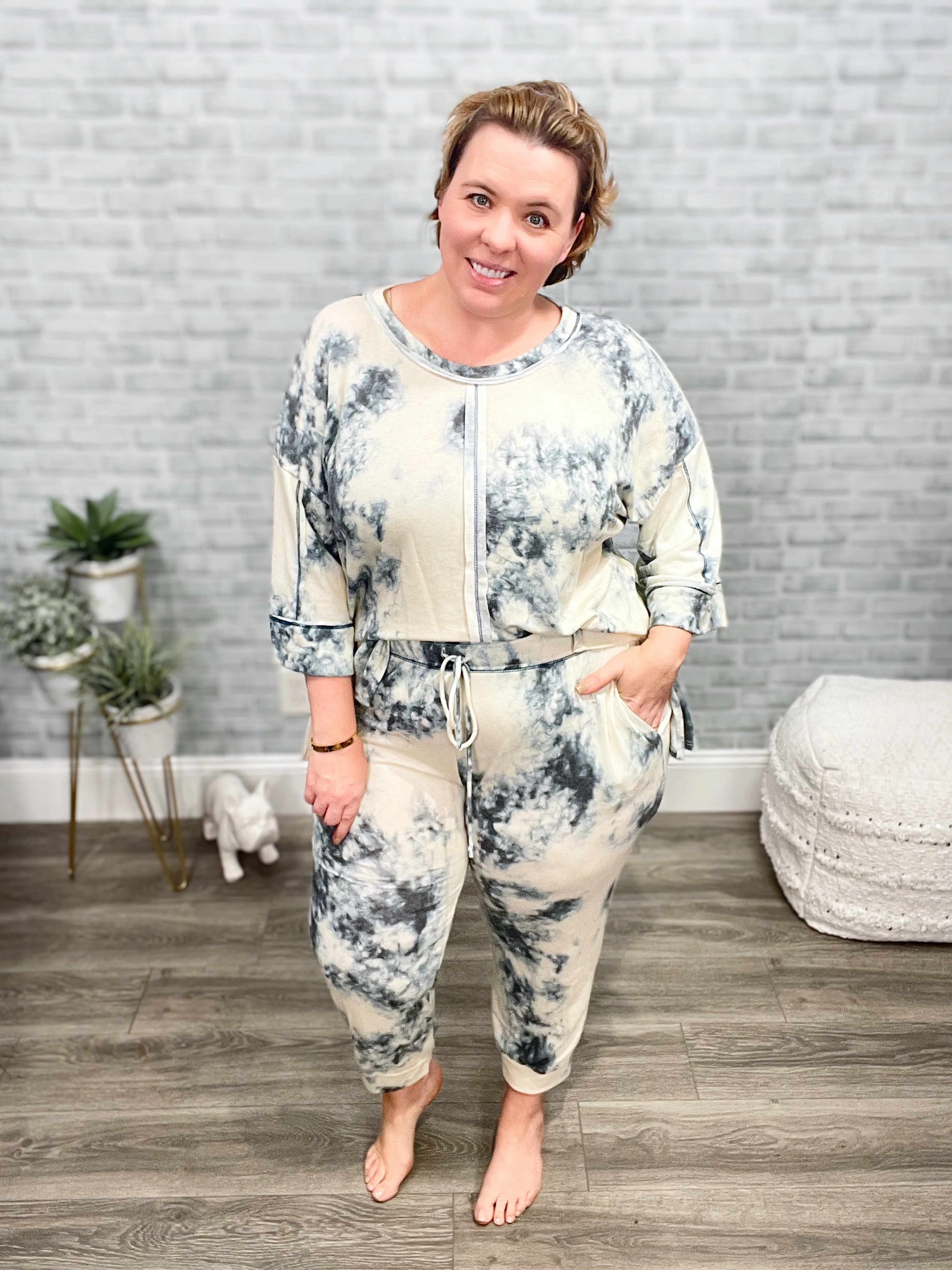 Beige and Navy Reverse Seam 2 pc Lounge Set