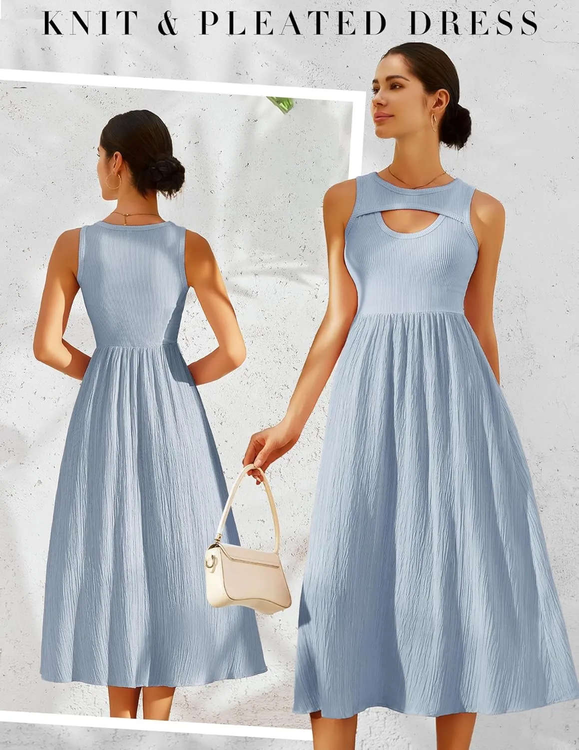 BeryLove Casual Midi Tank Dress Summer Ribbed Knit Pleated Dresses with Pockets