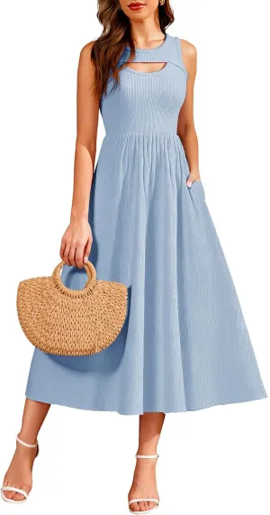 BeryLove Casual Midi Tank Dress Summer Ribbed Knit Pleated Dresses with Pockets