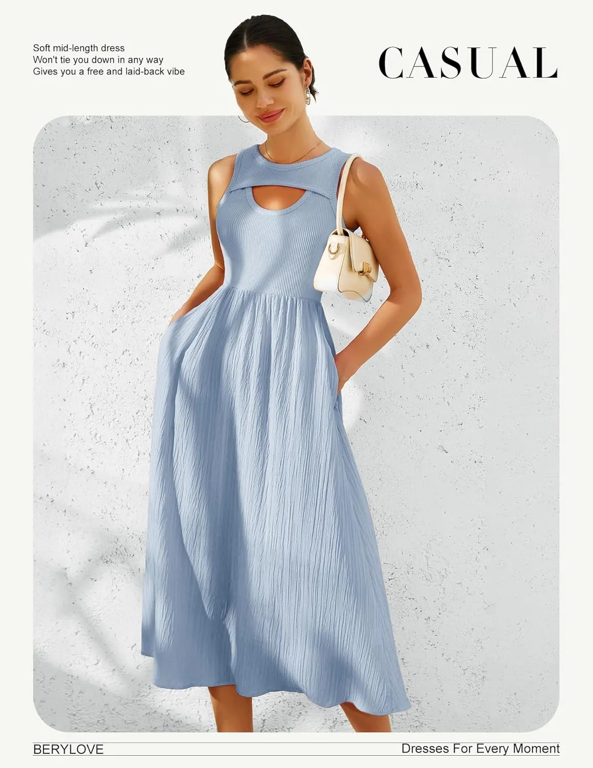 BeryLove Casual Midi Tank Dress Summer Ribbed Knit Pleated Dresses with Pockets