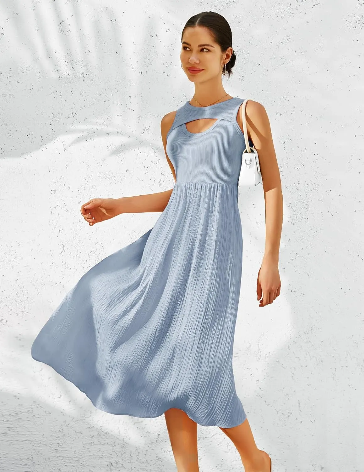 BeryLove Casual Midi Tank Dress Summer Ribbed Knit Pleated Dresses with Pockets