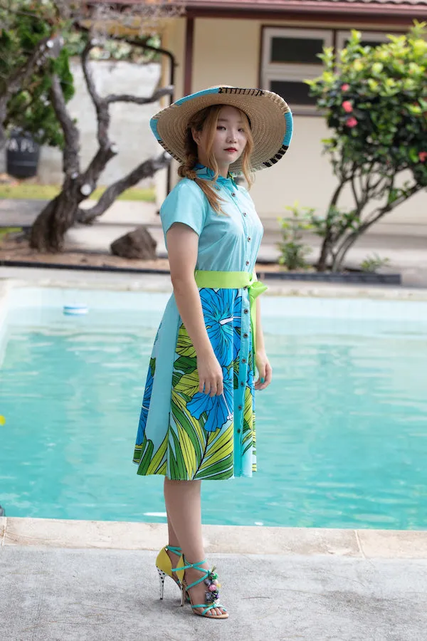 Cora Spearman Hawaii WOMENS XL HIBISCUS AQUA Aloha Shirt Dress