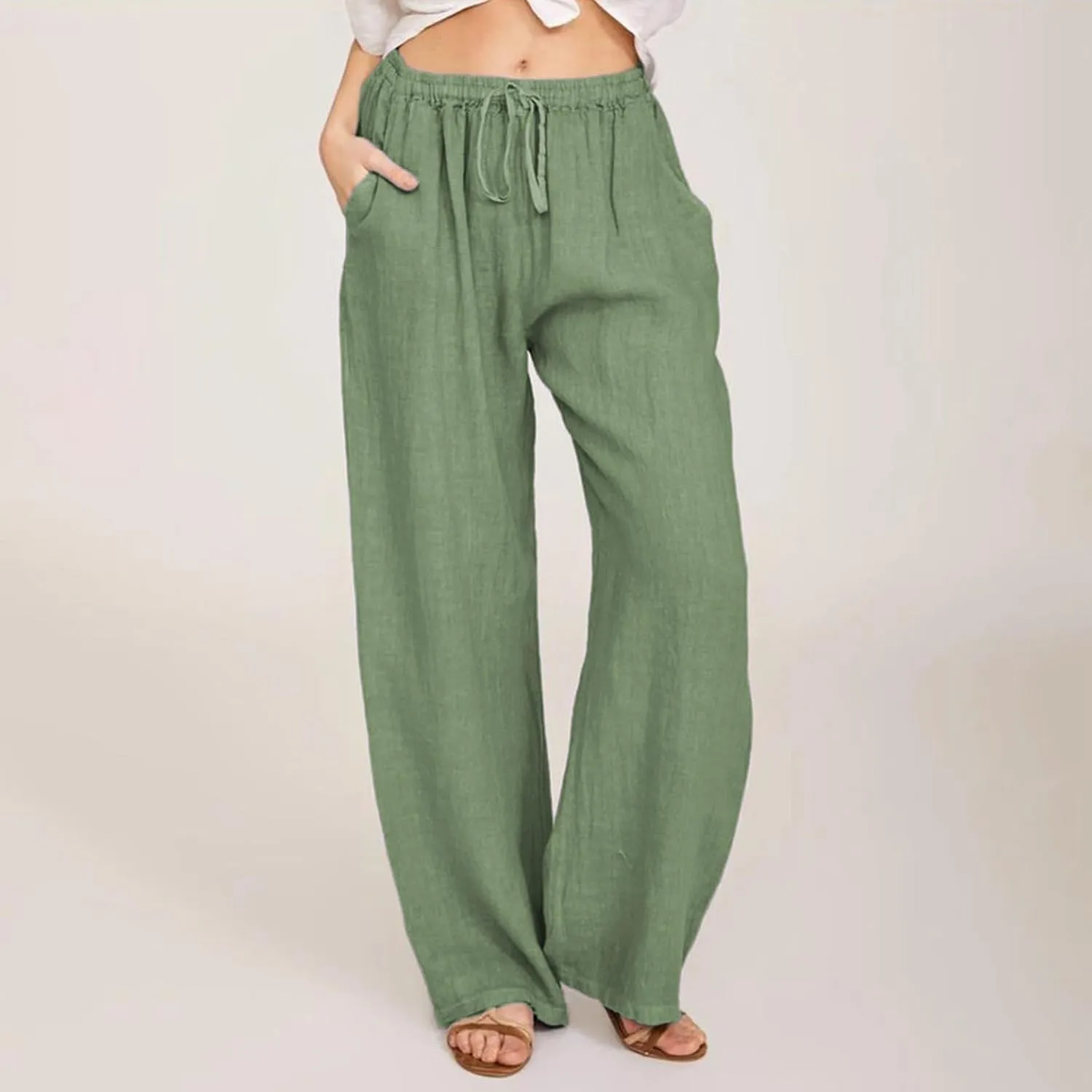 Cotton Linen Pants for Women Summer Drawstring High Waisted Palazzo Pants Casual Wide Leg Yoga Pants with Pockets