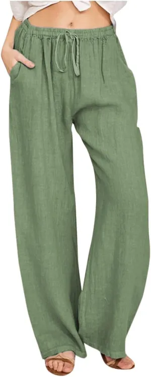 Cotton Linen Pants for Women Summer Drawstring High Waisted Palazzo Pants Casual Wide Leg Yoga Pants with Pockets