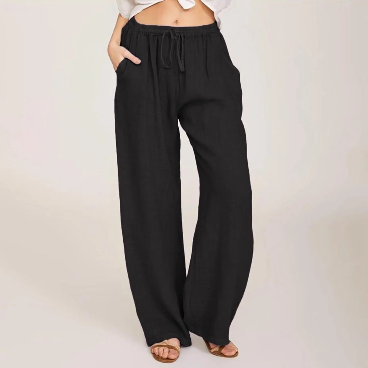 Cotton Linen Pants for Women Summer Drawstring High Waisted Palazzo Pants Casual Wide Leg Yoga Pants with Pockets