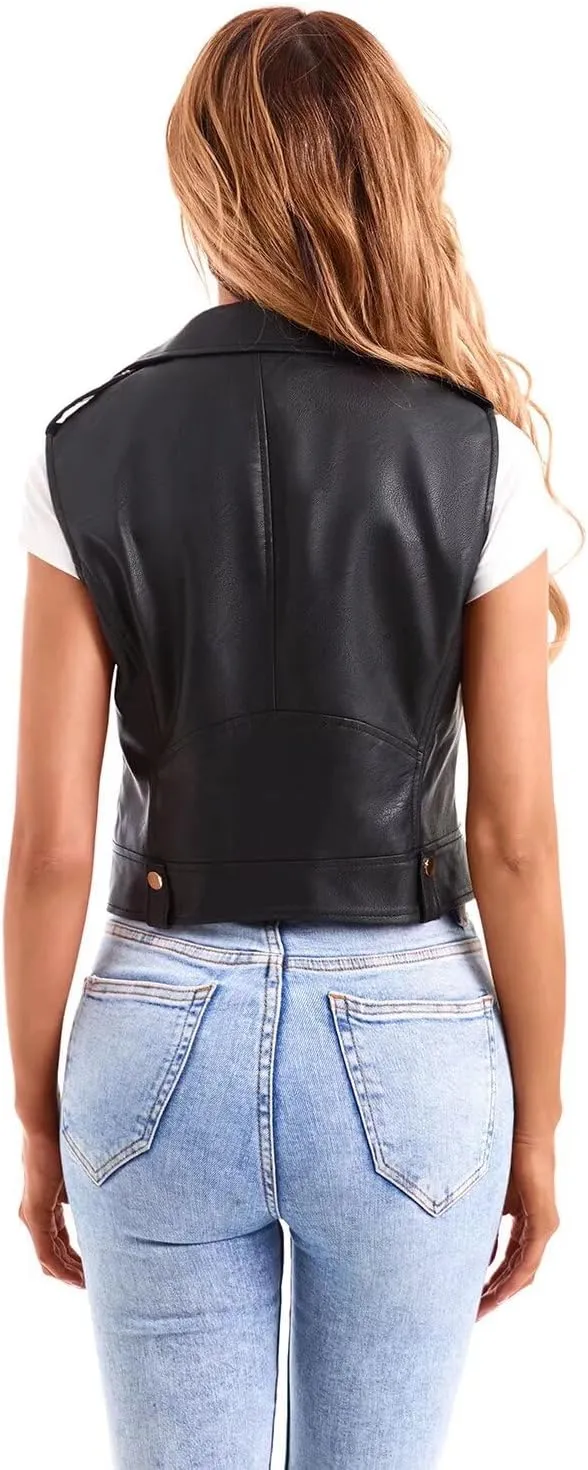 DIASHINY Faux Leather Vest For Women Lapel Sleeveless Moto Slim Fit PU Motorcycle Biker Waistcoat