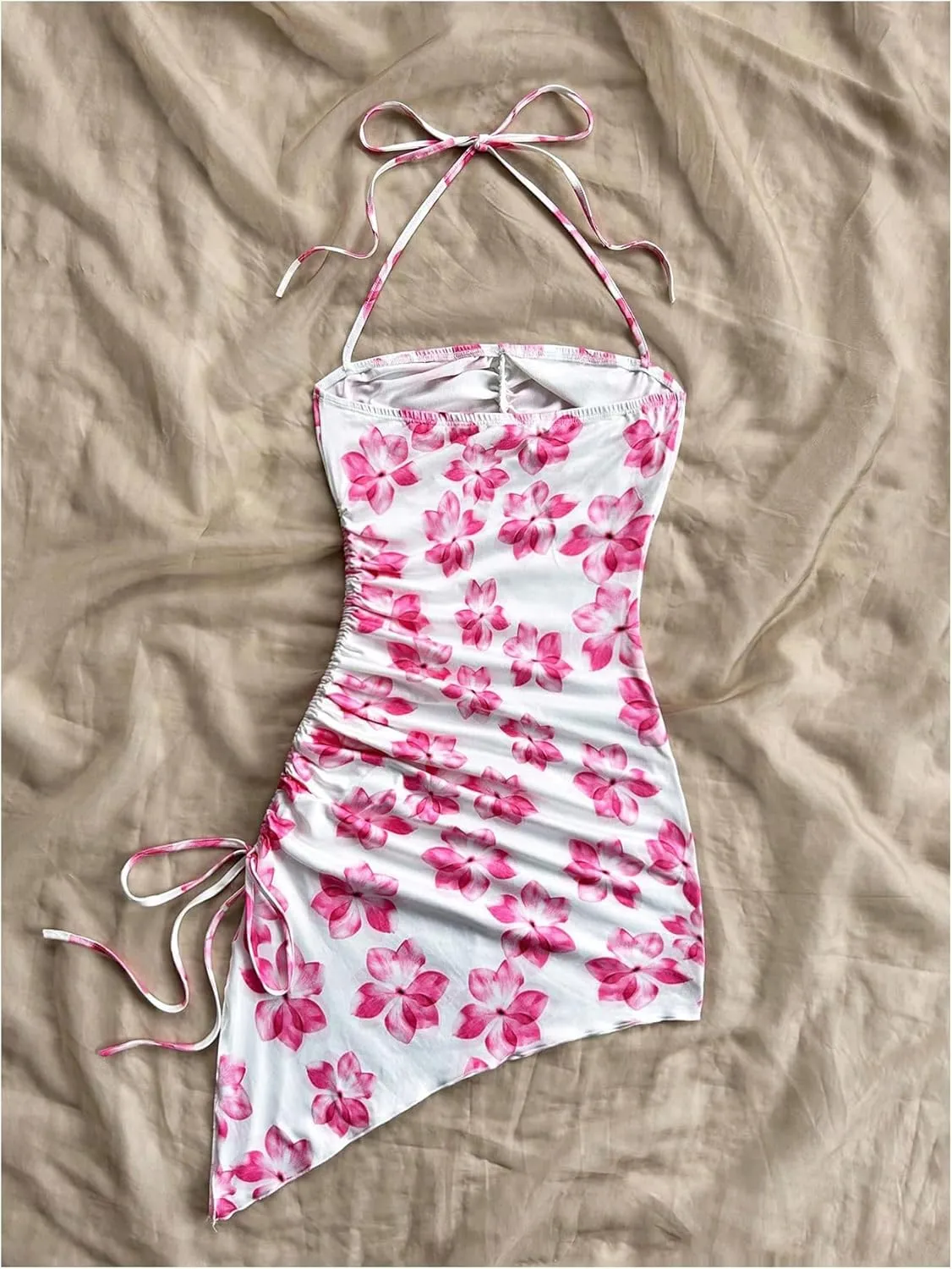 Floerns Women's Floral Print Halter Dress Sleeveless Drawstring Asymmetrical Hem Bodycon Dress