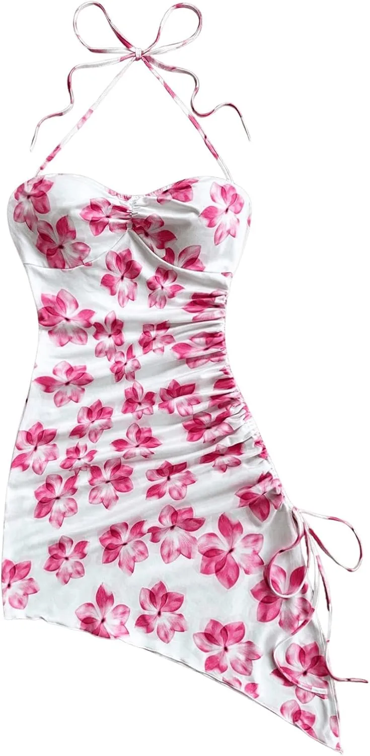 Floerns Women's Floral Print Halter Dress Sleeveless Drawstring Asymmetrical Hem Bodycon Dress