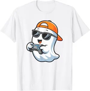 Ghost Playing Video Games Gamer Halloween Costume Boys Kids T-Shirt