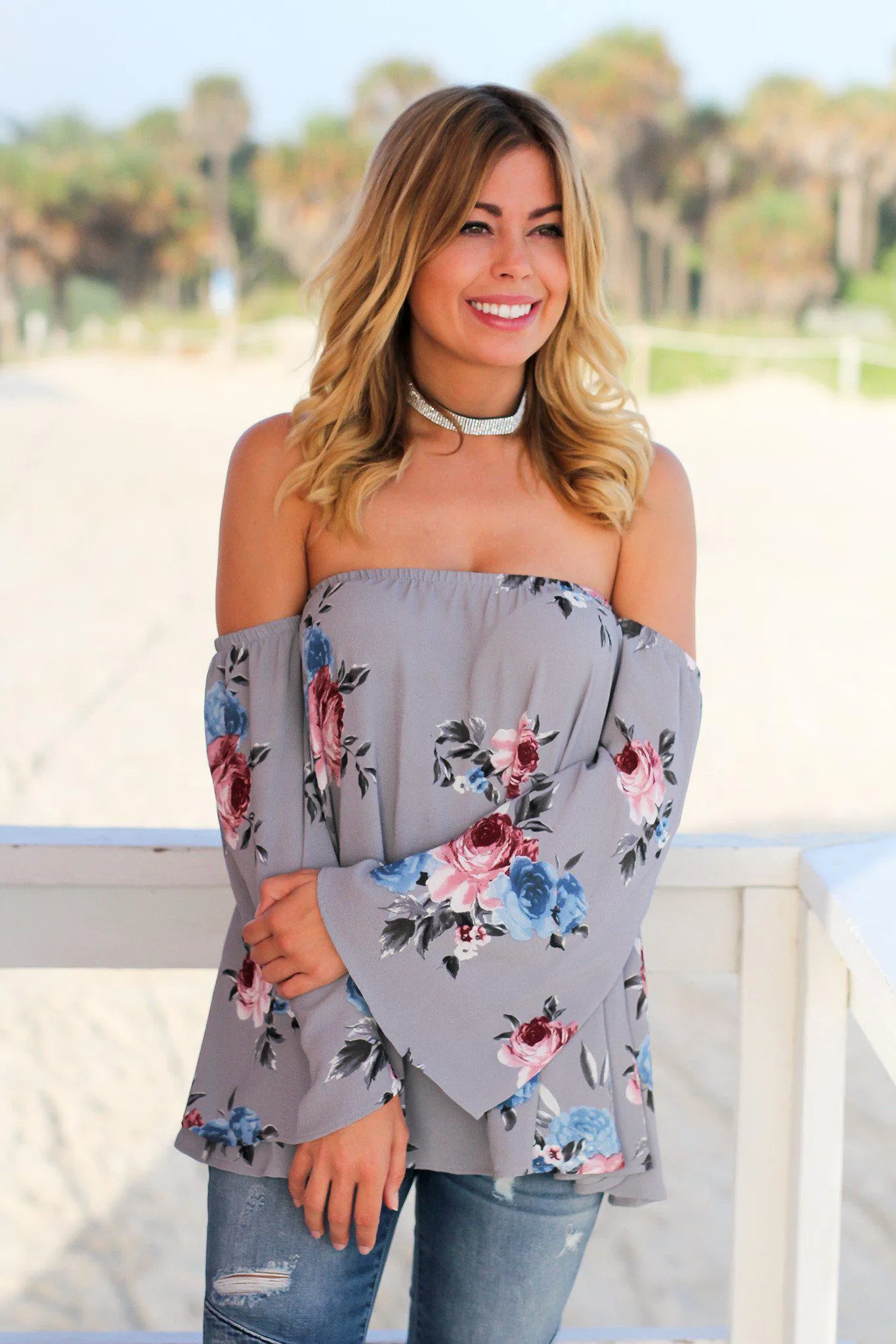 Gray Floral Off Shoulder Top