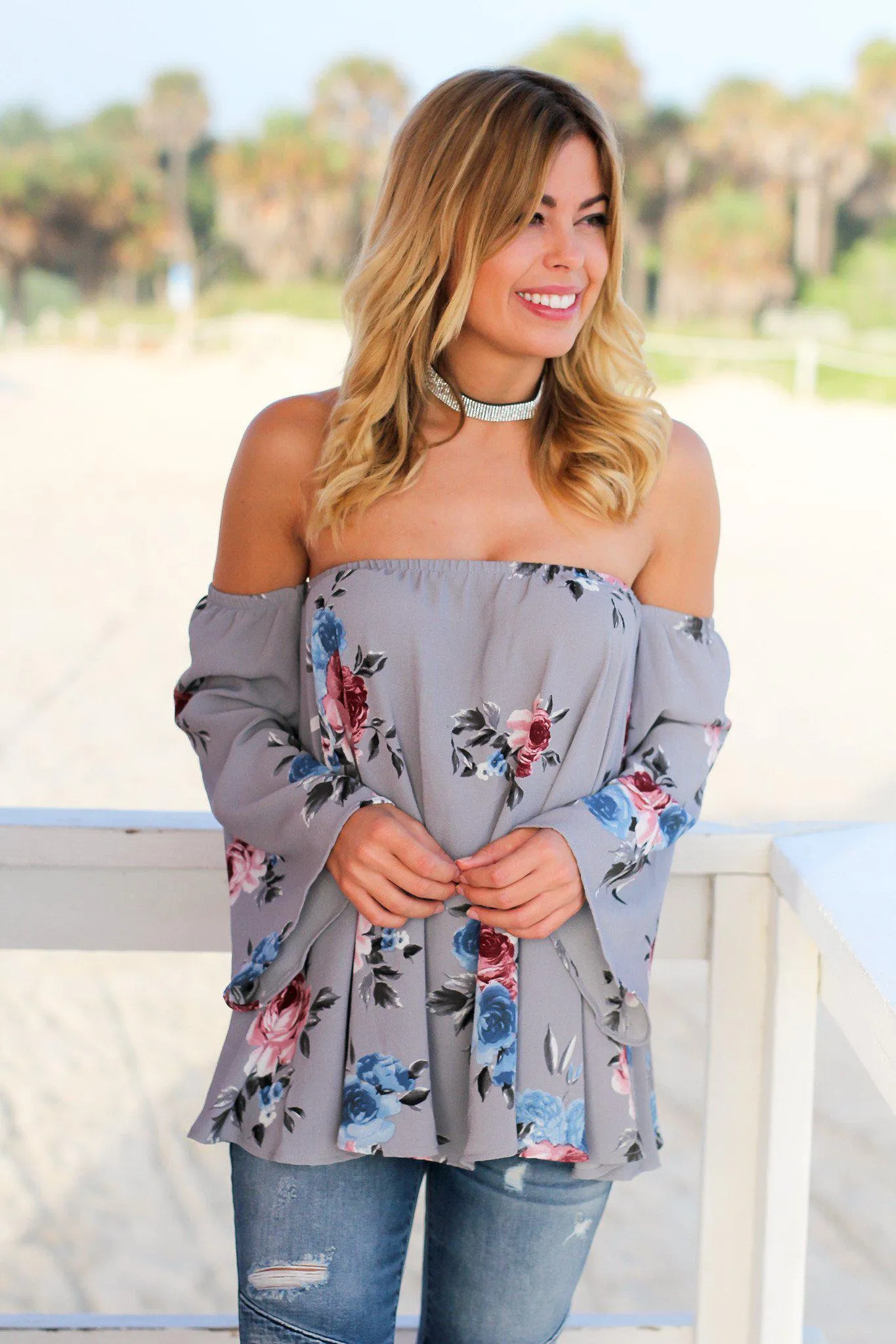 Gray Floral Off Shoulder Top