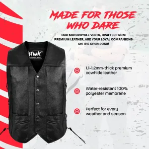 HWK Leather Motorcycle Vest for Men and Women with Concealed Carry Pocket, Black Genuine Leather Vest with 100% Polyester Lining for All-Weather Enduro Motocross Motorbike Riding - 3X-Large