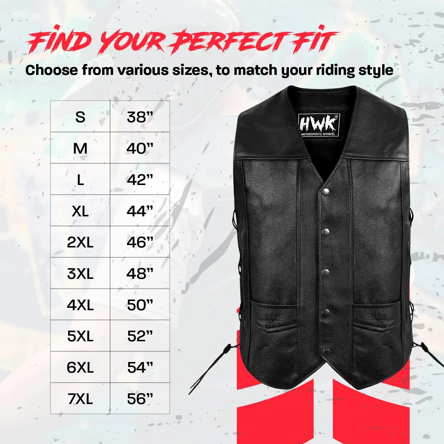 HWK Leather Motorcycle Vest for Men and Women with Concealed Carry Pocket, Black Genuine Leather Vest with 100% Polyester Lining for All-Weather Enduro Motocross Motorbike Riding - 3X-Large