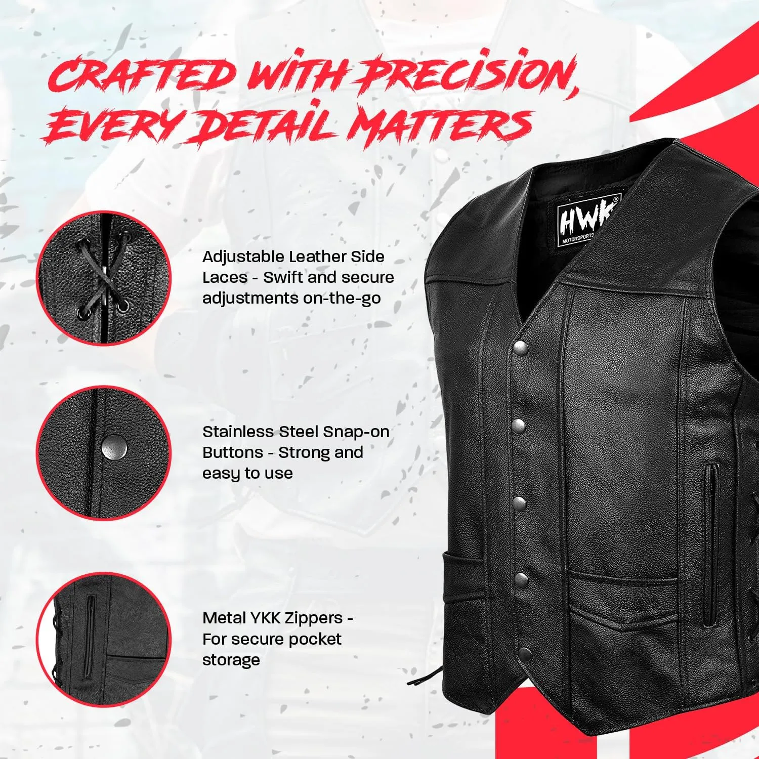 HWK Leather Motorcycle Vest for Men and Women with Concealed Carry Pocket, Black Genuine Leather Vest with 100% Polyester Lining for All-Weather Enduro Motocross Motorbike Riding - 3X-Large