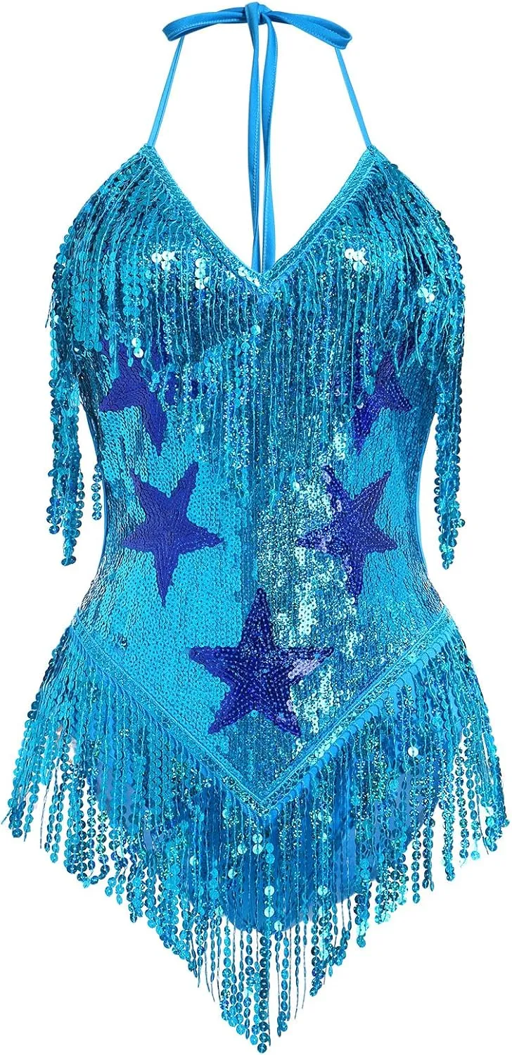 IWEMEK Sequin Sparkle Stars Fringes Bodysuit Leotard Rave Outfit for Women Music Festival Latin Dance Tassel Fringe Romper