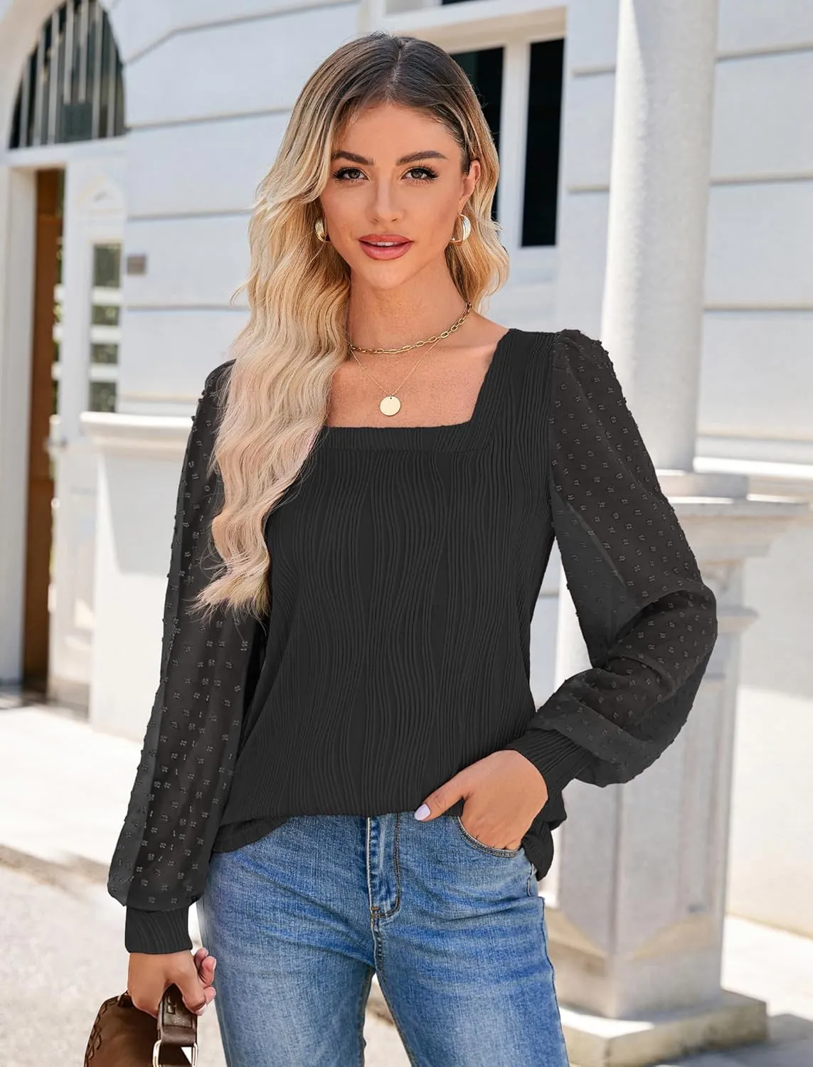JUSTFASHIONNOW Fall Long Sleeve Shirts for Women Blouses Dressy Casual Square Neck Puff Sleeve Tops Textured Knit T Shirts