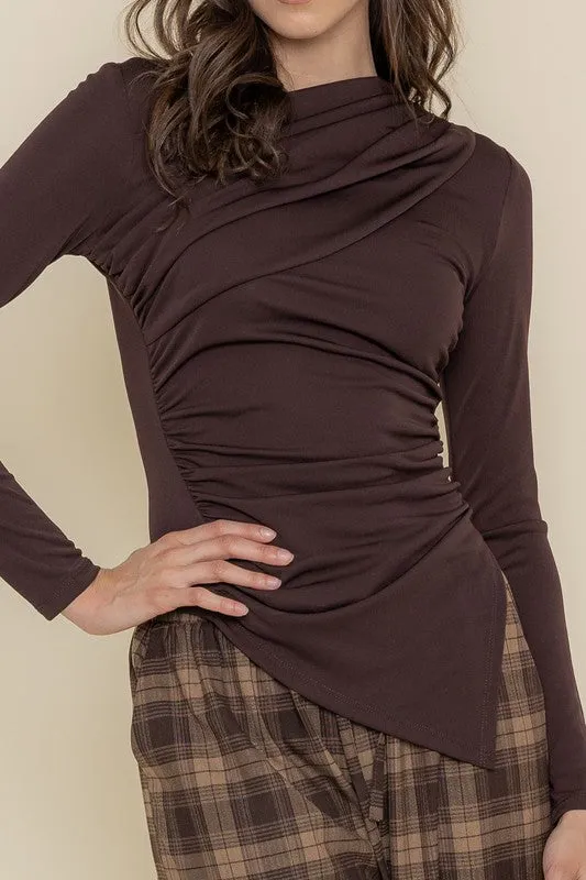 Khloe Long Sleeve Asymmetric Top Brown