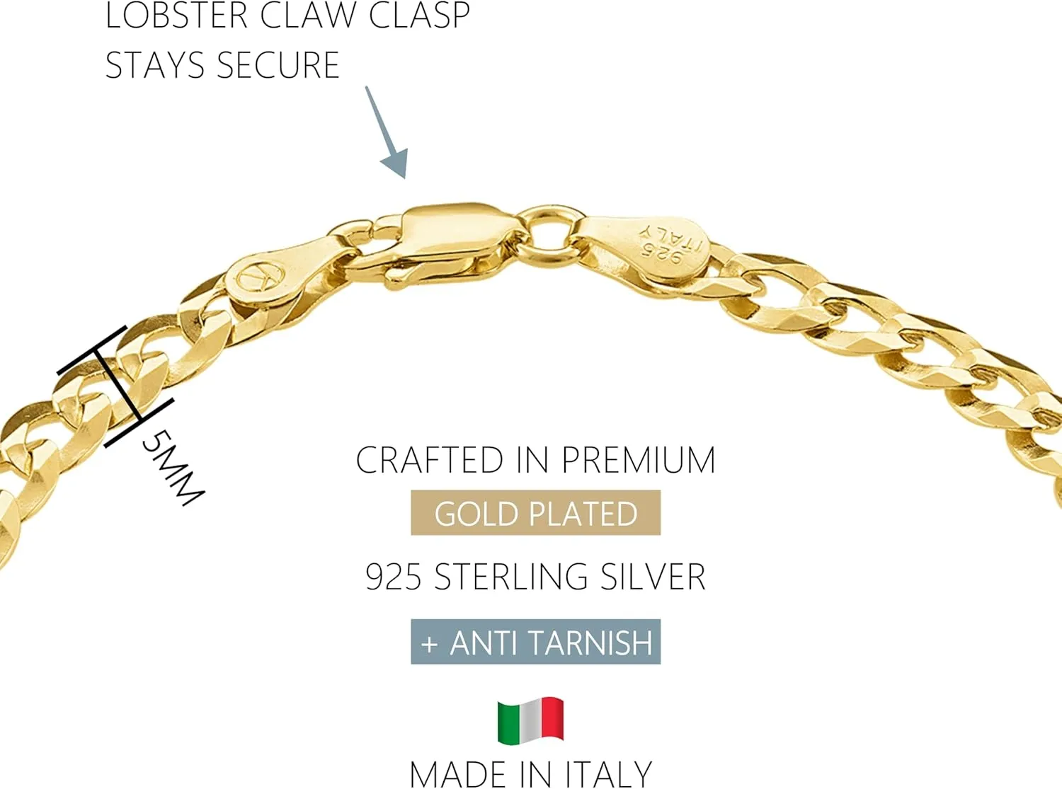 KISPER Mens Gold Bracelet 18K Gold Plated 925 Sterling Silver - 5mm Cuban Link Curb Chain & Figaro Link Bracelets for Men - Sizes 6.5,7,8,9 Inch