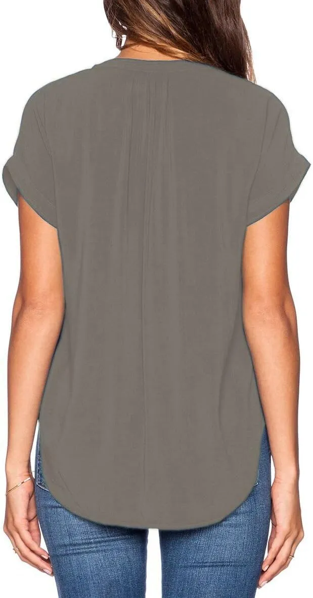 LILBETTER Women Chiffon Blouse V Neck Short Sleeve Top Shirts