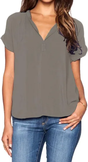 LILBETTER Women Chiffon Blouse V Neck Short Sleeve Top Shirts