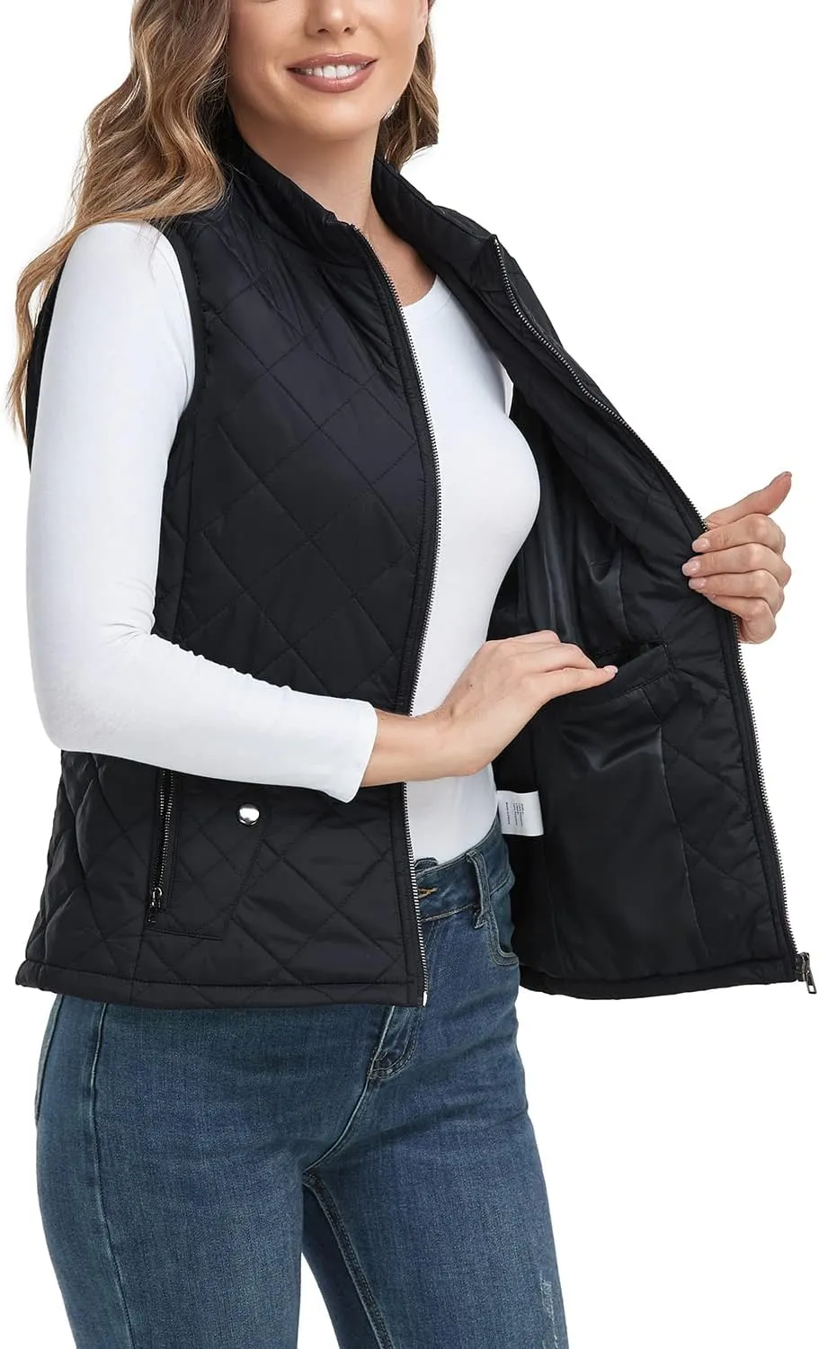 LONGKING 2025 Upgraded, Women's Outwear Vest With One Inner Pocket - Stand Collar Lightweight Zip Quilted Vest for Women