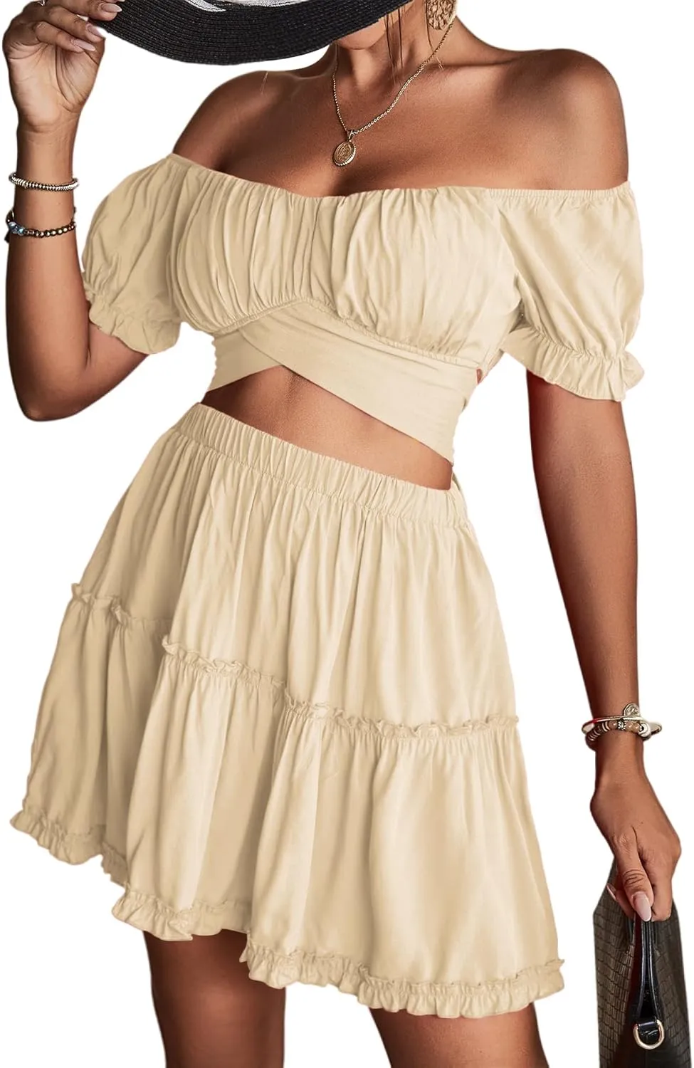 LYANER Women's 2 Piece Outfits Floral Off Shoulder Tie Up Crop Top and Mini Skirt Set