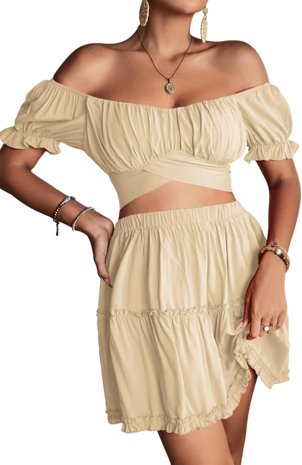 LYANER Women's 2 Piece Outfits Floral Off Shoulder Tie Up Crop Top and Mini Skirt Set