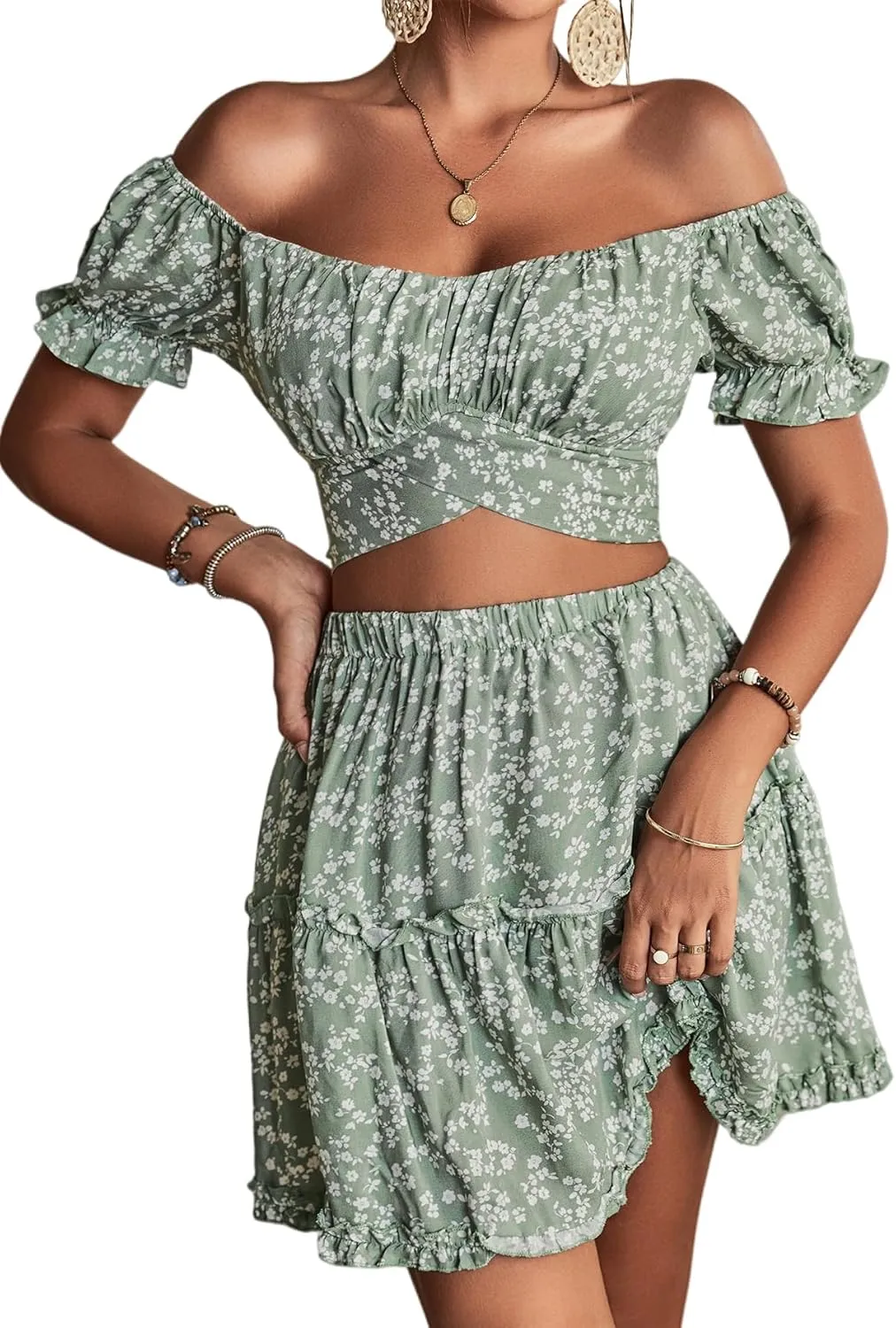 LYANER Women's 2 Piece Outfits Floral Off Shoulder Tie Up Crop Top and Mini Skirt Set