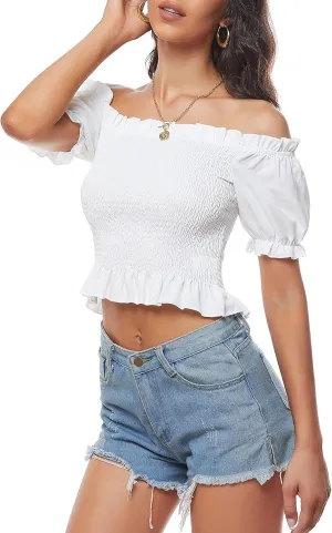 LYANER Women's Off Shoulder Shirred Short Sleeve Crop Blouse Tee Top