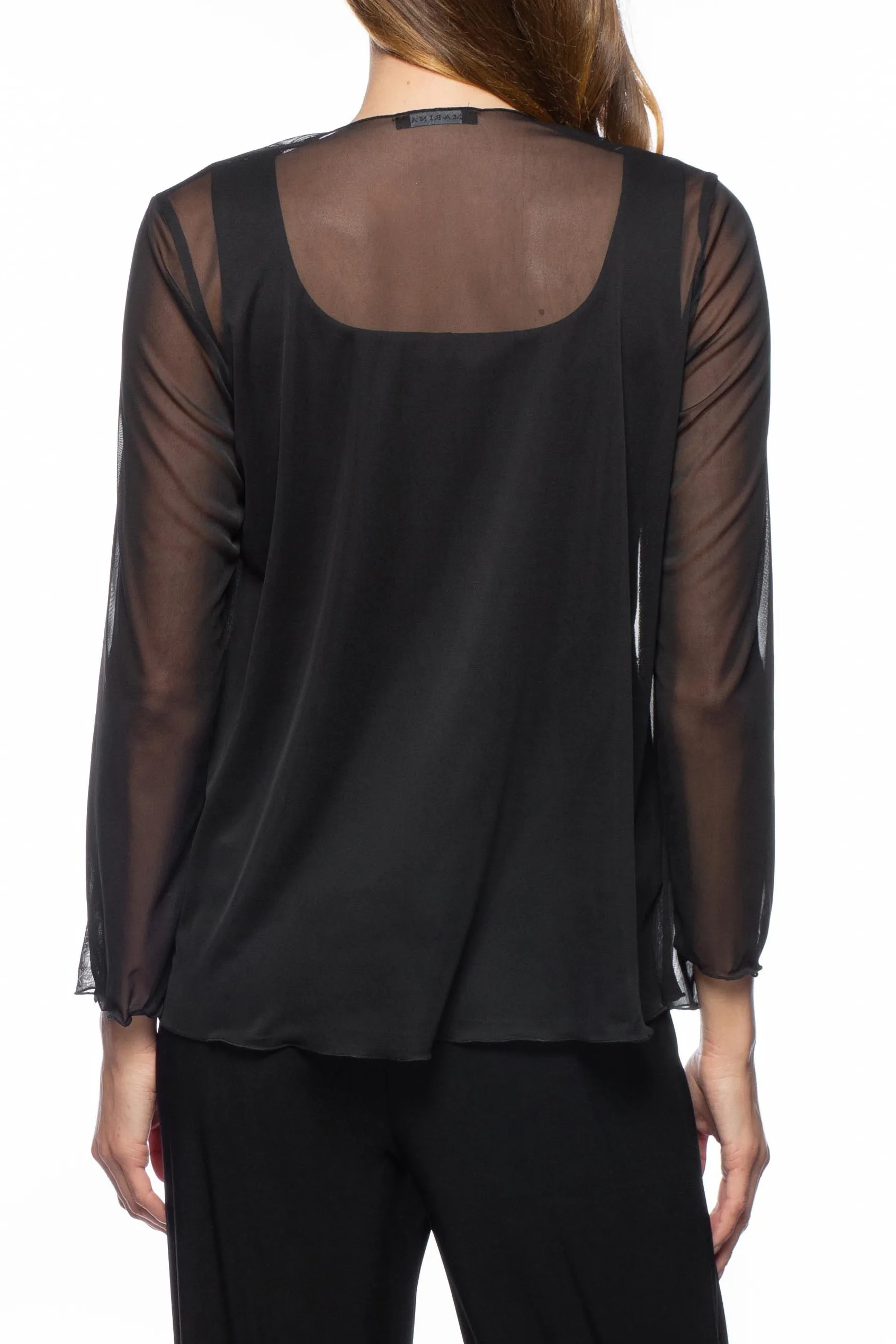 Marina scoop neck sleeveless embellished matte jersey top with open front chiffon jacket