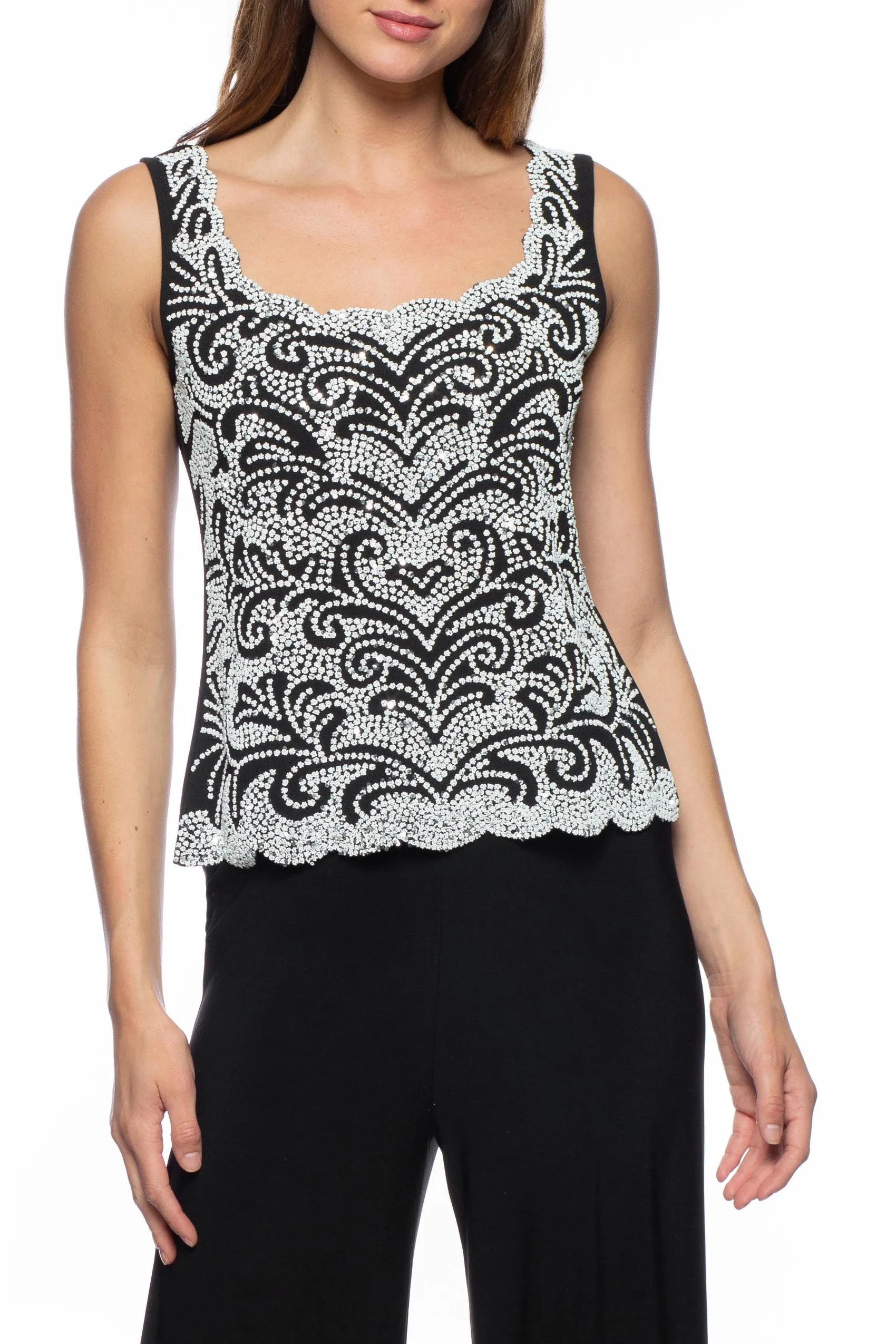 Marina scoop neck sleeveless embellished matte jersey top with open front chiffon jacket