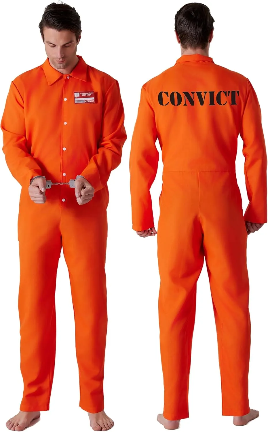 Maxim Party Supplies Prison Jumpsuit Costume Inmate Outfit, 3 Piece Convict Jail Uniform, Name badge and Handcuffs Prisoner