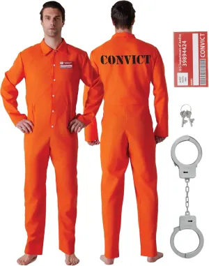 Maxim Party Supplies Prison Jumpsuit Costume Inmate Outfit, 3 Piece Convict Jail Uniform, Name badge and Handcuffs Prisoner