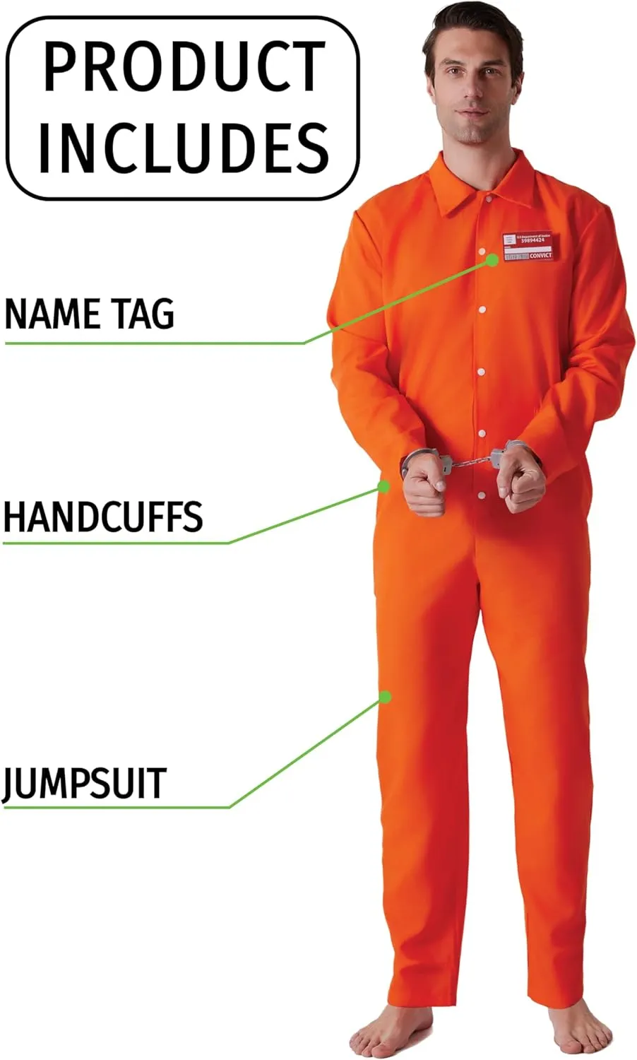 Maxim Party Supplies Prison Jumpsuit Costume Inmate Outfit, 3 Piece Convict Jail Uniform, Name badge and Handcuffs Prisoner