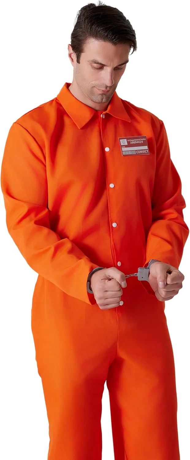 Maxim Party Supplies Prison Jumpsuit Costume Inmate Outfit, 3 Piece Convict Jail Uniform, Name badge and Handcuffs Prisoner