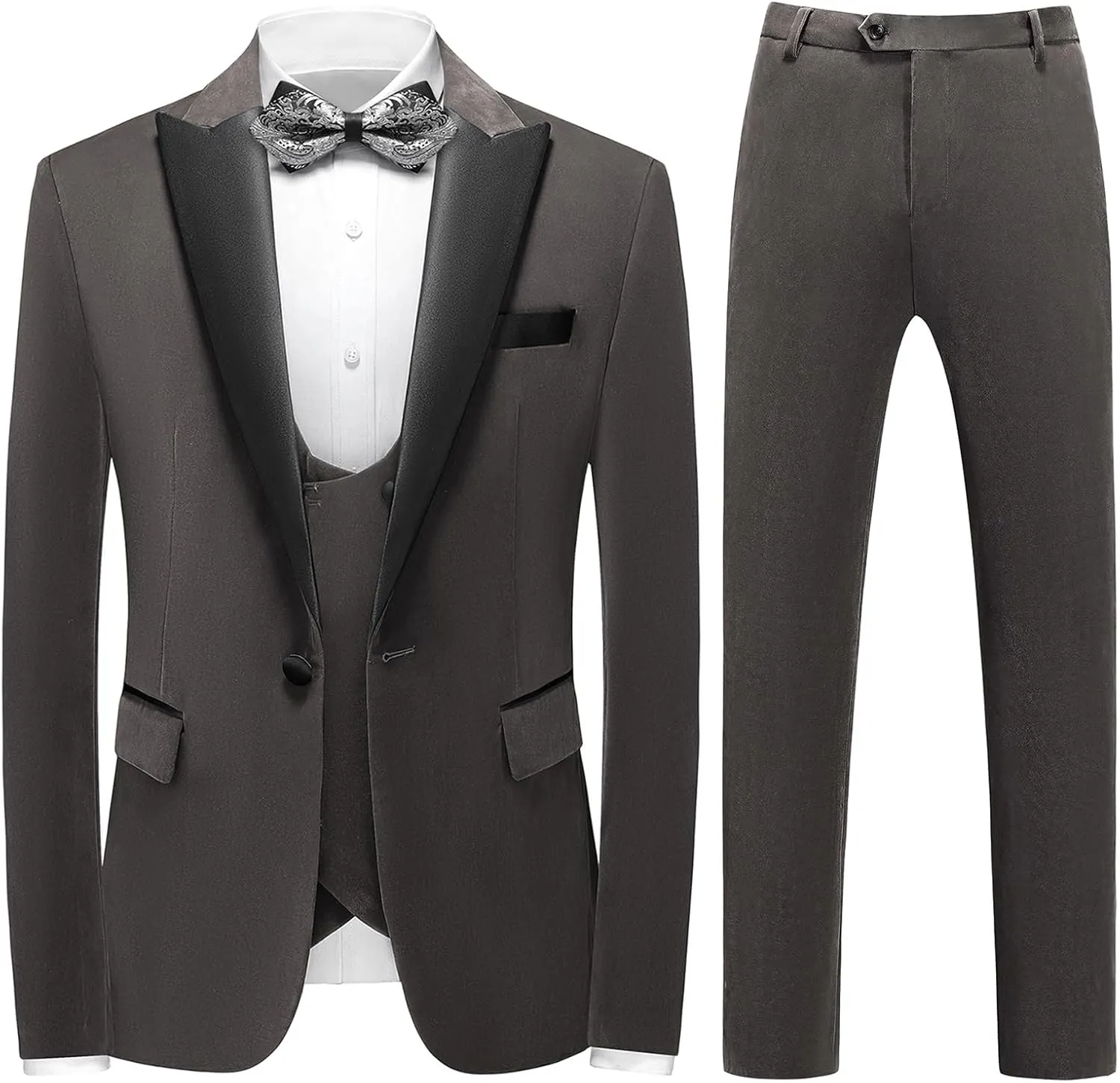 Mens Velvet 3 Piece Suits Slim Fit Peaked Lapel One Button Tuxedo Dinner Jacket Vest Pants Suit Set