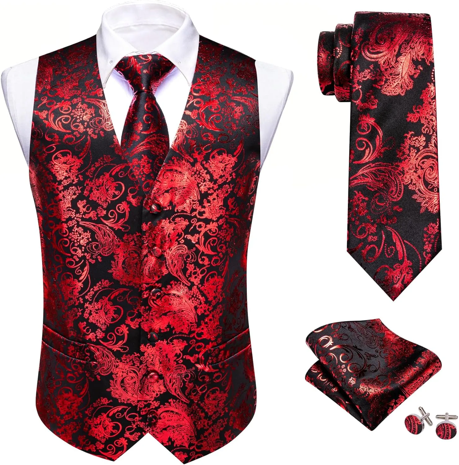 Mens Vest Tie Set Shiny Paisley V-neck Floral Waistcoat Necktie Hanky Pin Clip Cufflinks Tuxedo Casual Disco Party