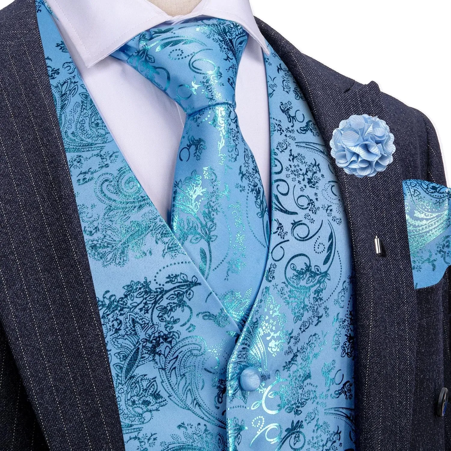 Mens Vest Tie Set Shiny Paisley V-neck Floral Waistcoat Necktie Hanky Pin Clip Cufflinks Tuxedo Casual Disco Party
