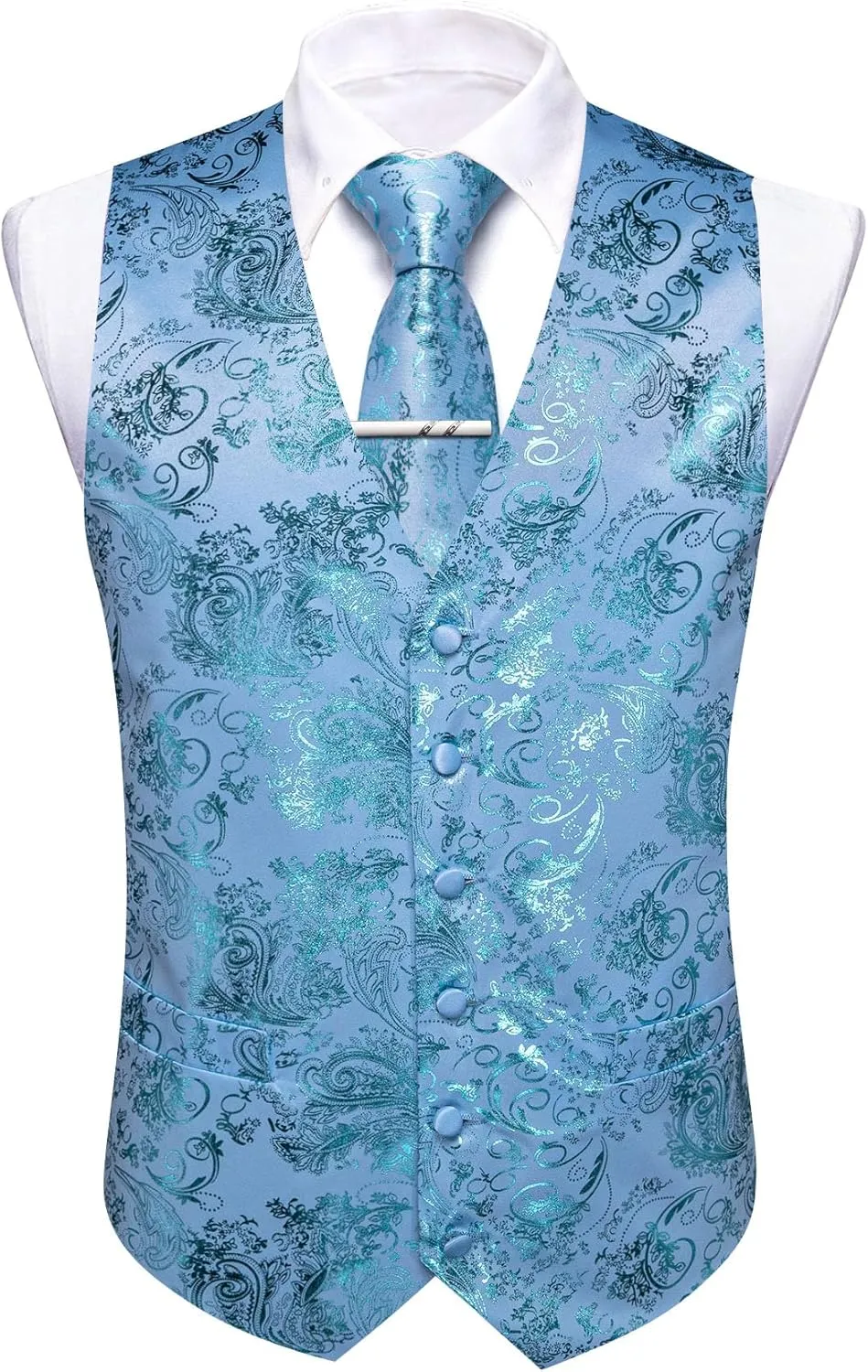 Mens Vest Tie Set Shiny Paisley V-neck Floral Waistcoat Necktie Hanky Pin Clip Cufflinks Tuxedo Casual Disco Party