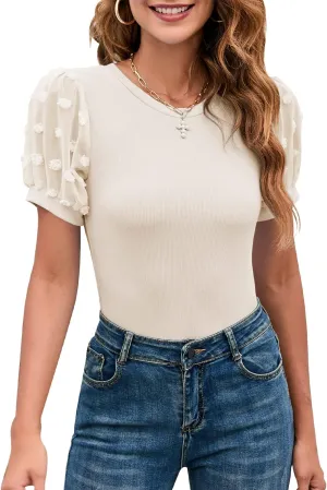 MIRALUNA Women's Round Neck Slimming Swiss Dots Mesh Puff Sleeve Bodysuit Blouse Casual Ribbed Knit Jumpsuit Shirts Tank Tops