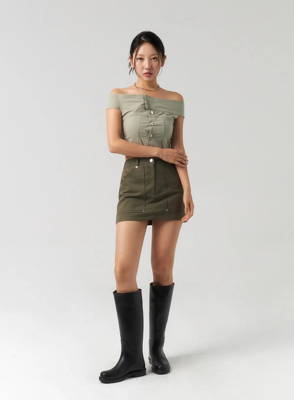 Off-Shoulder Button Top CU323