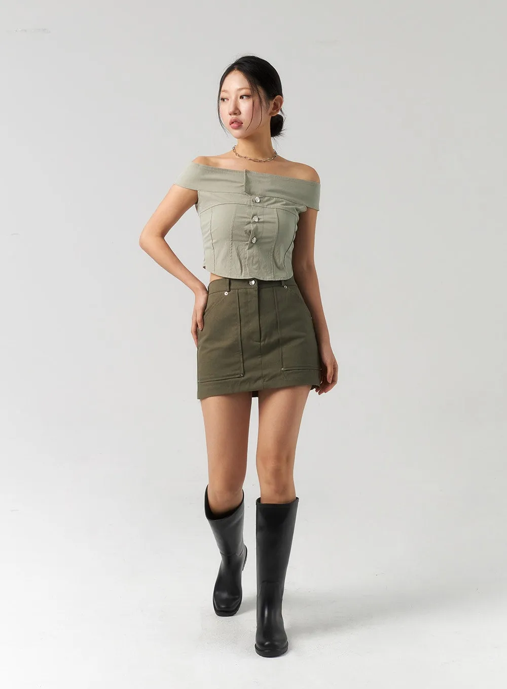 Off-Shoulder Button Top CU323