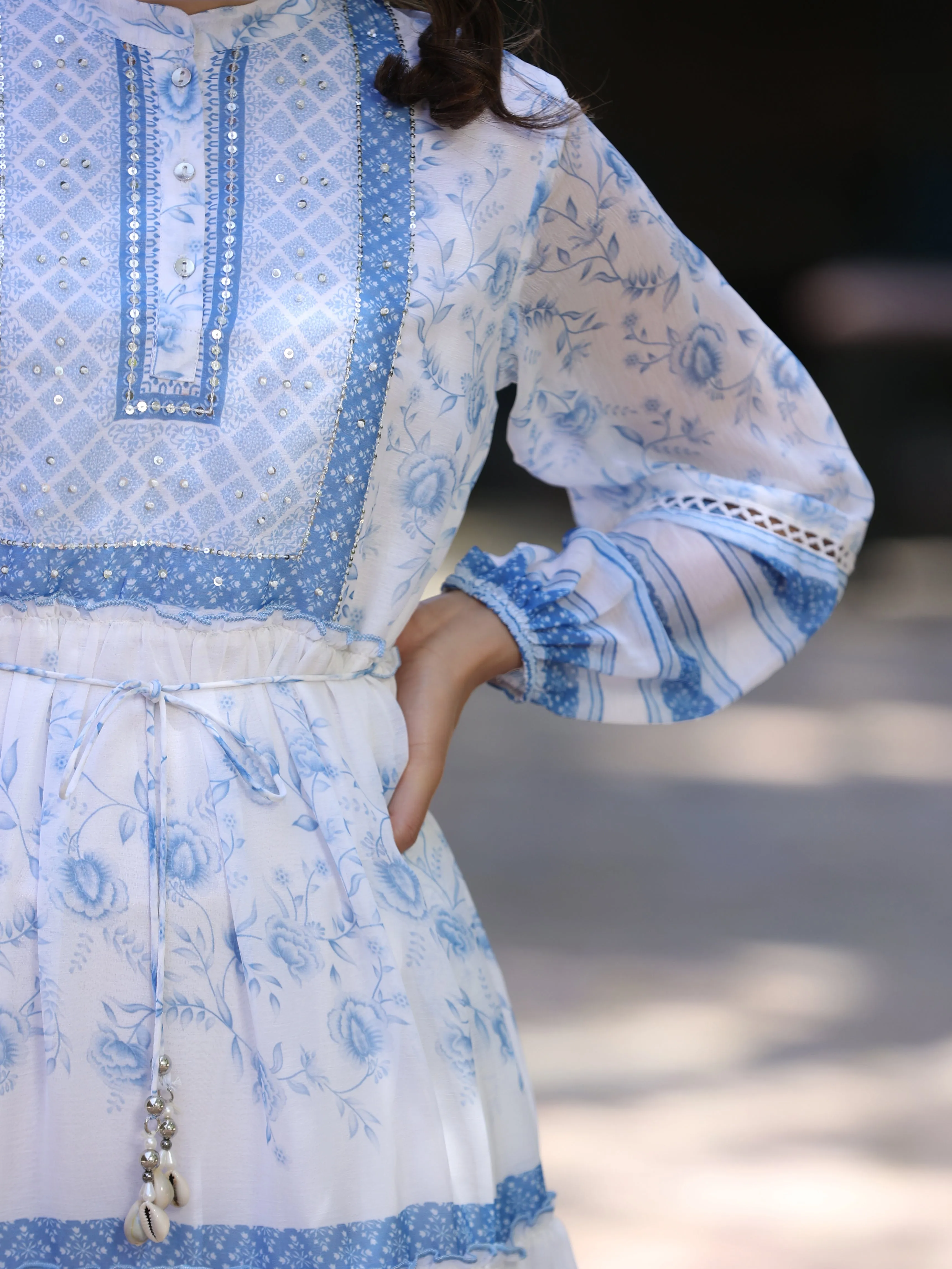 Offwhite Chiffon Printed  Flared Dress