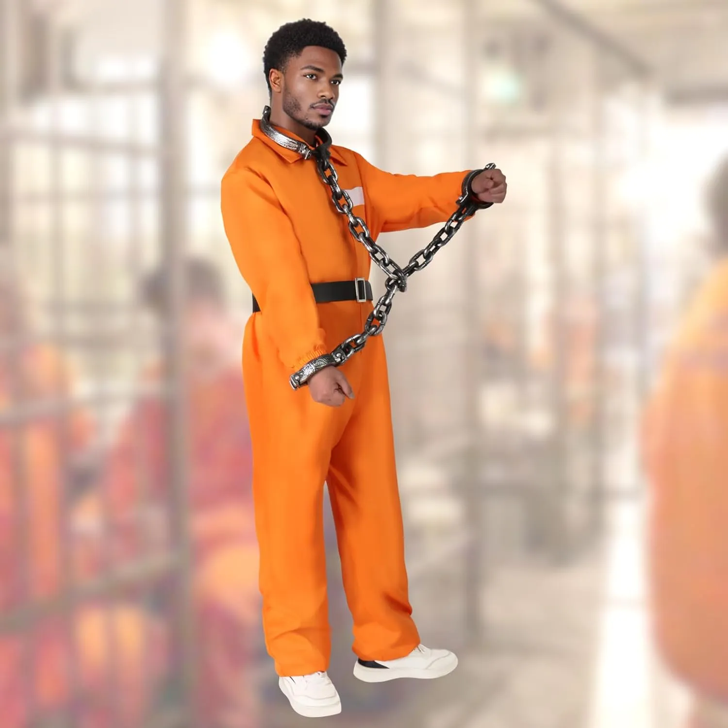Orange Prisoner Jumpsuit with Belt and Upper body Handcuffs,Orange Prison Inmate Outfit Adult Halloween Inmate Onesie
