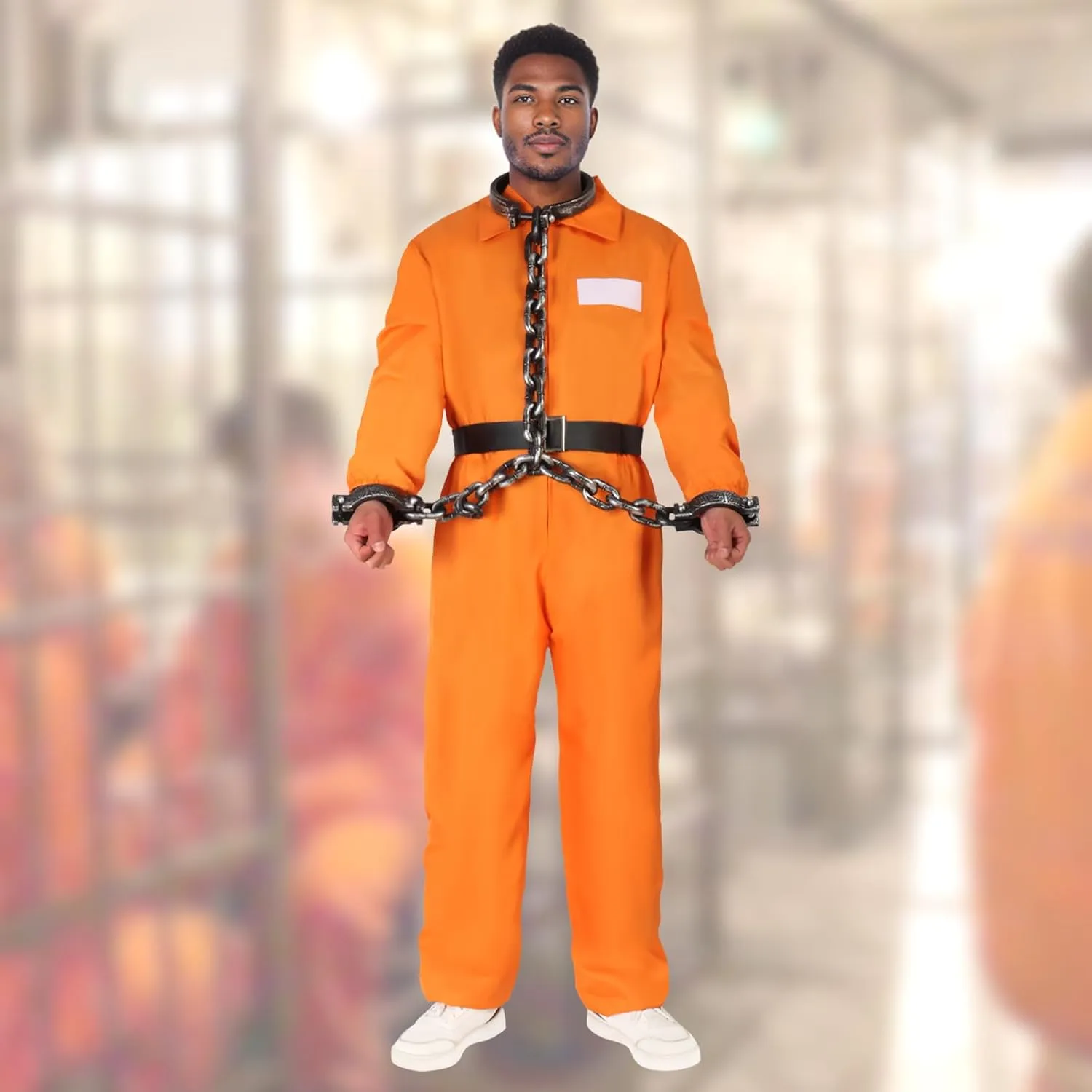 Orange Prisoner Jumpsuit with Belt and Upper body Handcuffs,Orange Prison Inmate Outfit Adult Halloween Inmate Onesie