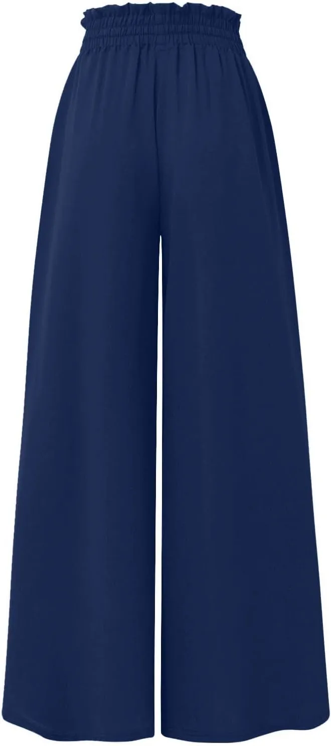 Palazzo Pants for Women Wide Leg Casual Solid Solid Drawstring Pant Summer Beach Vacation Elastic High Waist Trouser
