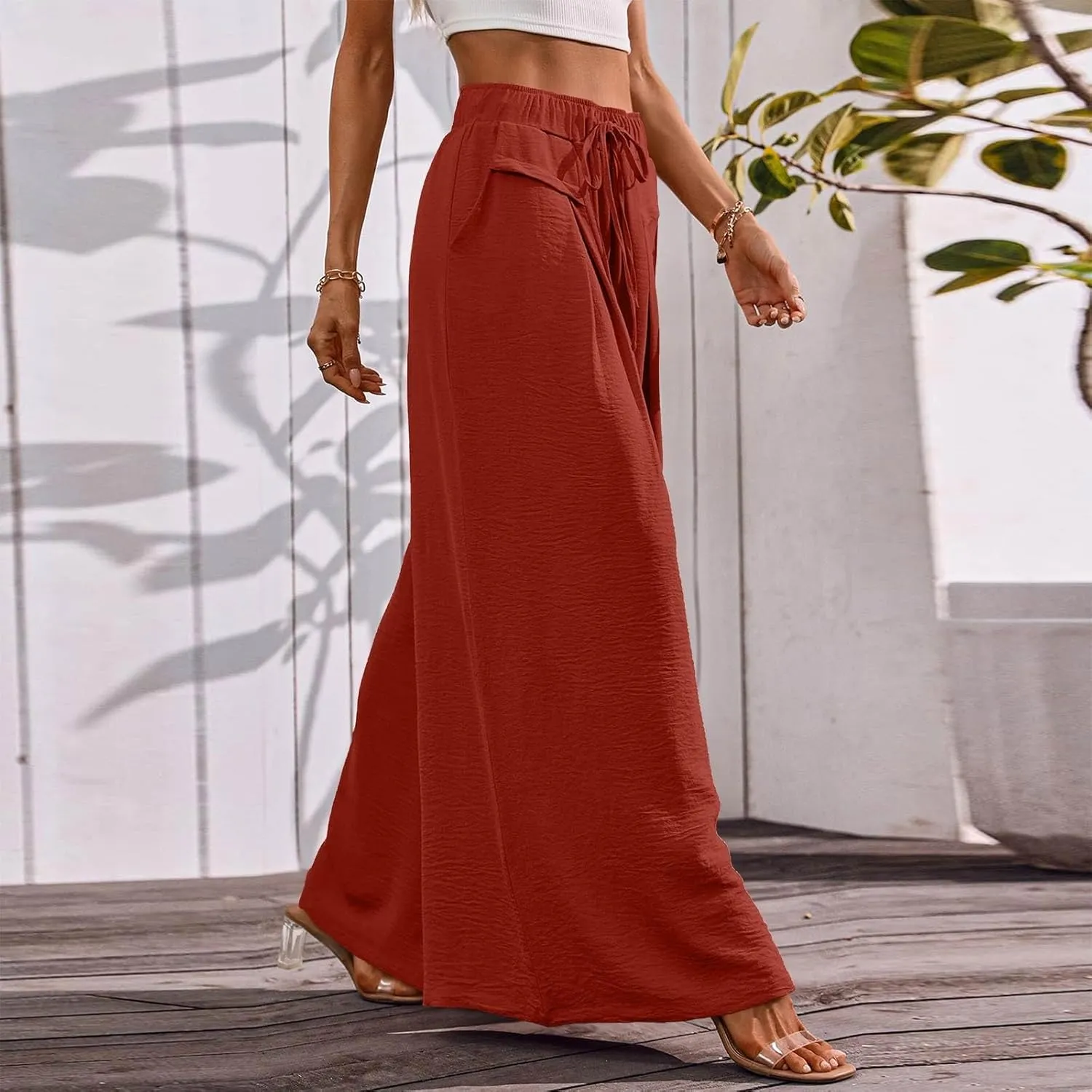 Palazzo Pants for Women Wide Leg Casual Solid Solid Drawstring Pant Summer Beach Vacation Elastic High Waist Trouser