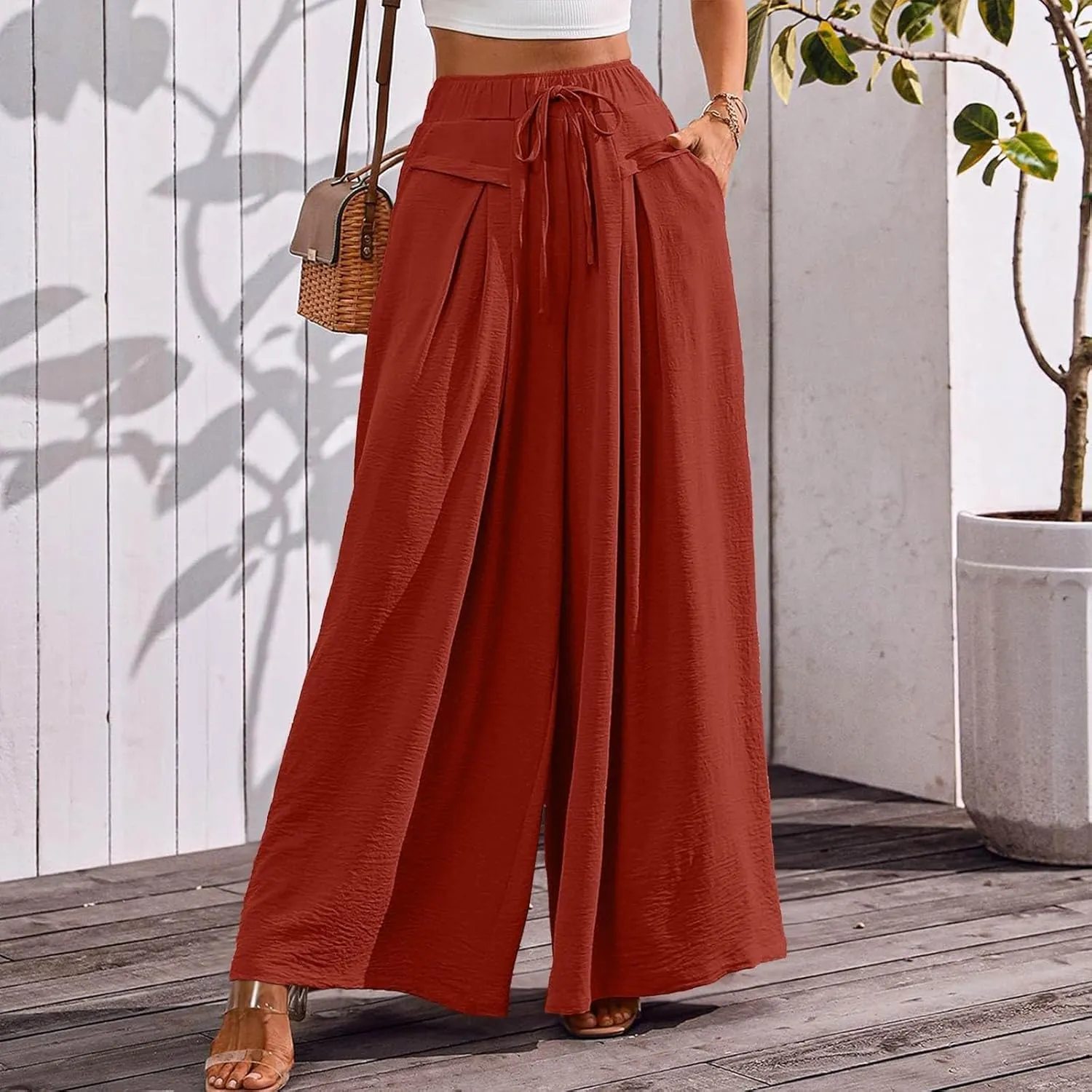 Palazzo Pants for Women Wide Leg Casual Solid Solid Drawstring Pant Summer Beach Vacation Elastic High Waist Trouser