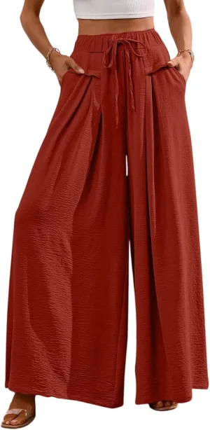 Palazzo Pants for Women Wide Leg Casual Solid Solid Drawstring Pant Summer Beach Vacation Elastic High Waist Trouser